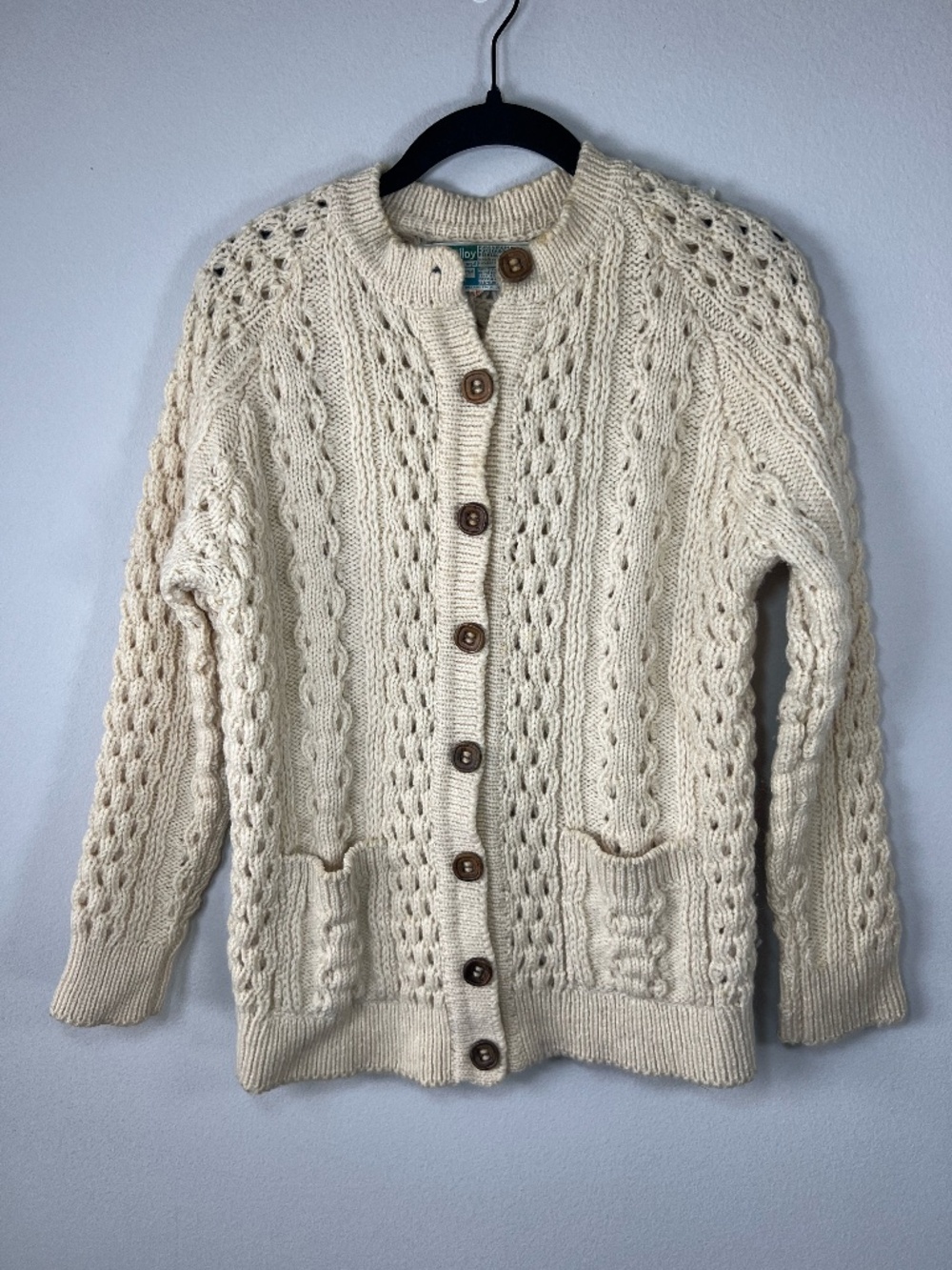 John Molloy VTG Irish Fisherman Cardigan 100% Wool Cable Sweater Cream FLAW S 36